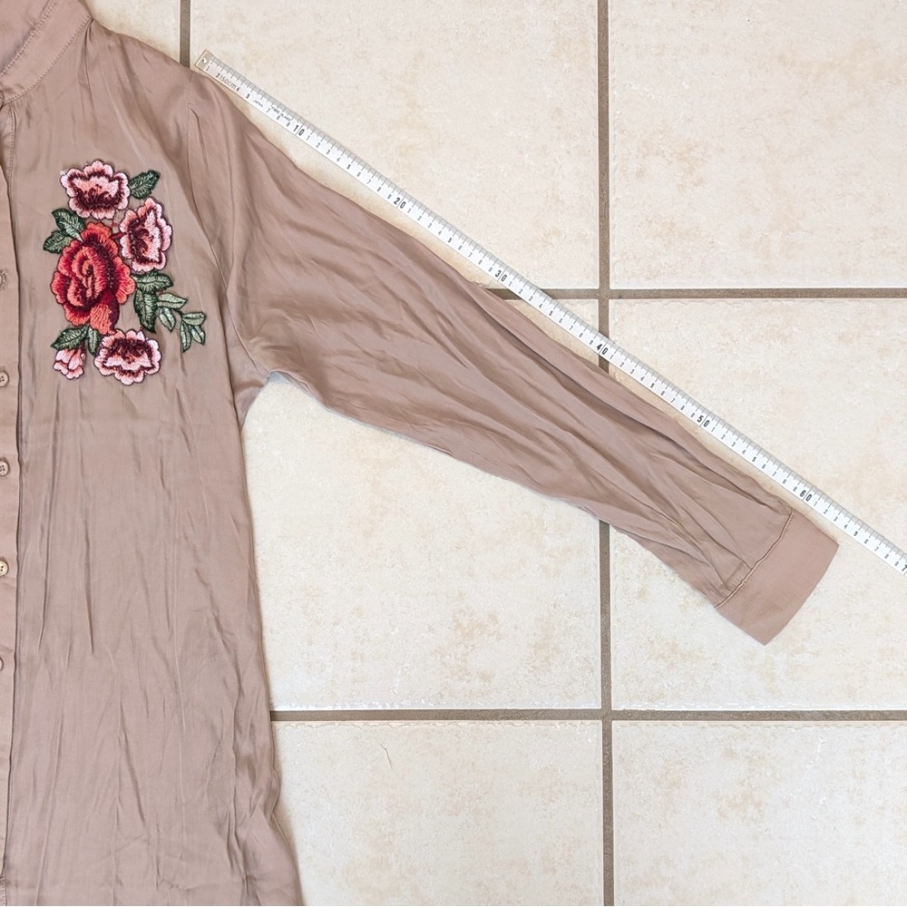 Size M I Joah Tan Embroidered Floral Rose Collared Shirt Dress Bohemian Western - Picture 12 of 16